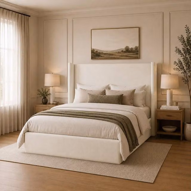 Desire Deco Lynx Wingback Upholstered Bed Frame in Beige, W/D/H: 180 x 200 cm