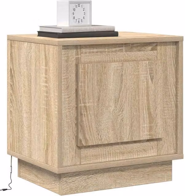 Berkfield Home Traditional Bedside Cabinet with Integrated LED Lights in Sonoma Oak and Beige, W: 44 cm, D: 34 cm, H: 45 cm – 1
