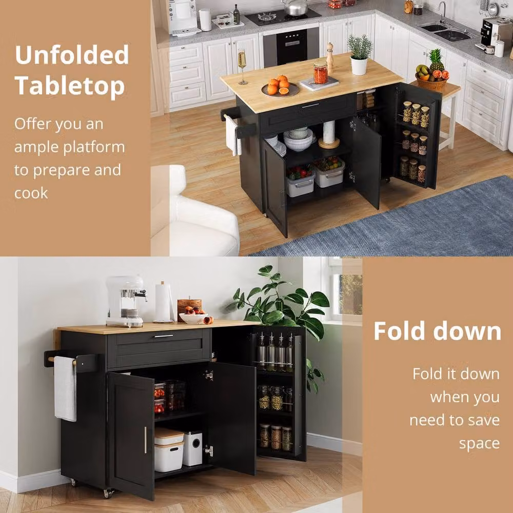 BTM Kitchen Island on Wheels with Spice Rack and Towel Holder in Black and Silver, H 90.0 x W 44.0 x D 44.0 cm – 3