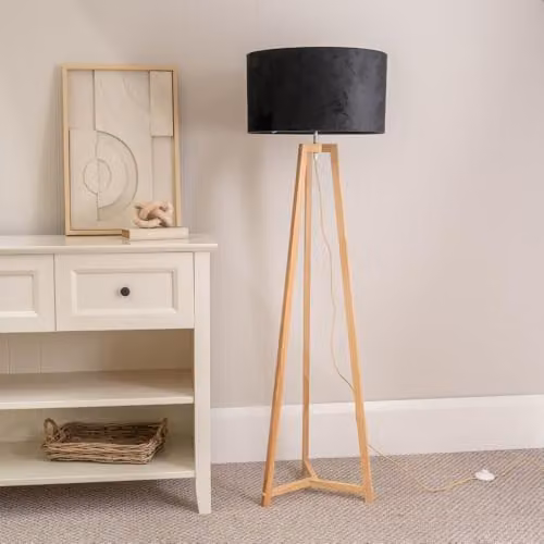 ValueLights Natural Wood Tripod Floor Lamp with Black Velvet Drum Lampshade and LED Bulb, H 158 cm x W 45 cm x D 45 cm – 2