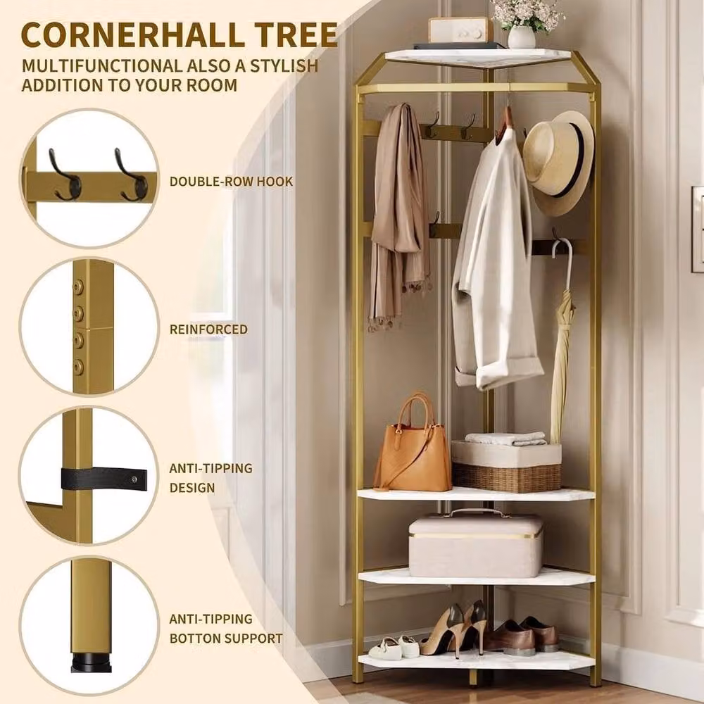 FORGEVIO Modern Gold Corner Coat Rack Hall Tree with Shoe Bench – 4
