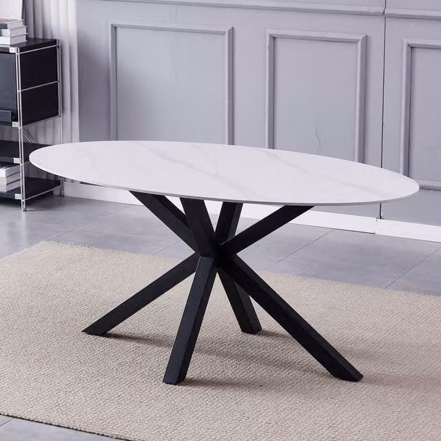 Firmo Modern Oval Ceramic Dining Table in White with X-Frame Base, W: 160 cm, D: 90 cm, H: 75 cm