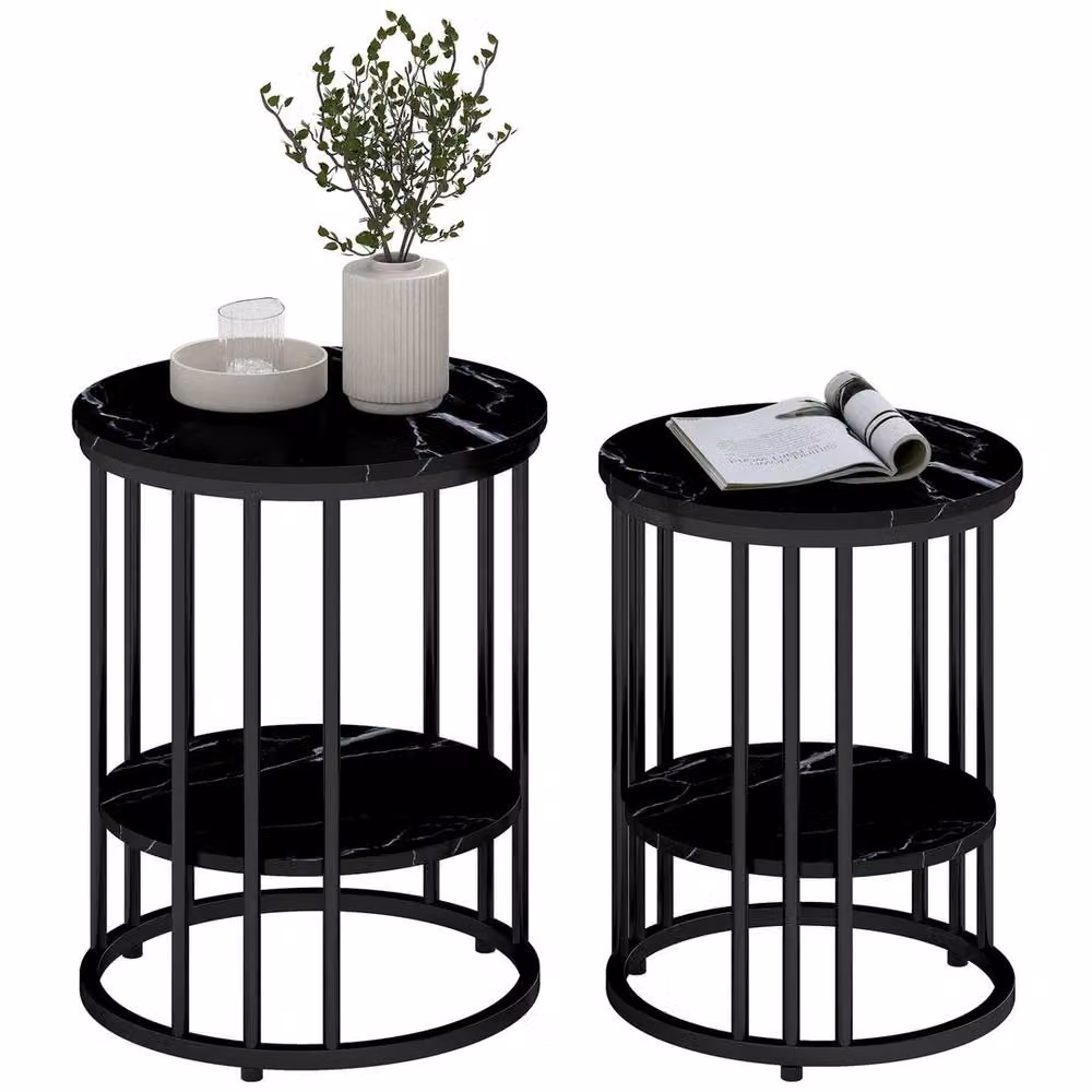 Havendro Set of 2 Round Marble-Effect Coffee Tables with Nested Tops in Black and Multicolour – 5