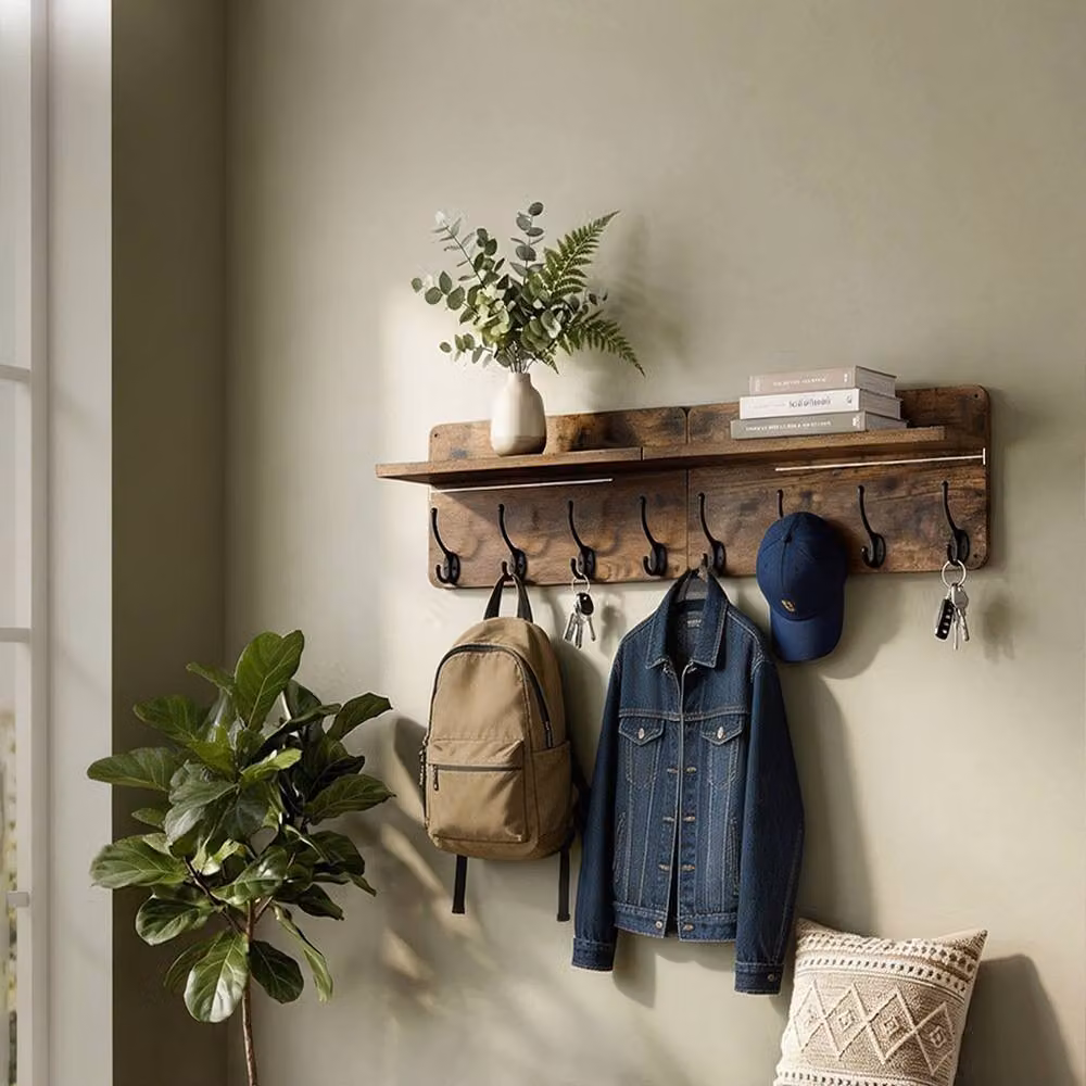 FORGEVIO 2 Pack Wooden Wall Coat Rack with 8 Hooks in Brown – 6
