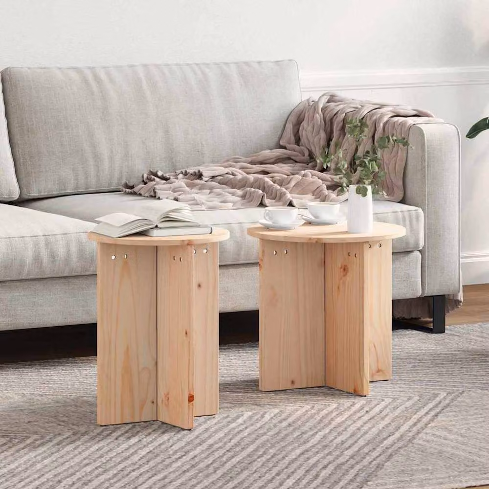 Berkfield Home Set of 2 Natural Solid Pine Wood Round Nested Coffee Tables – 2