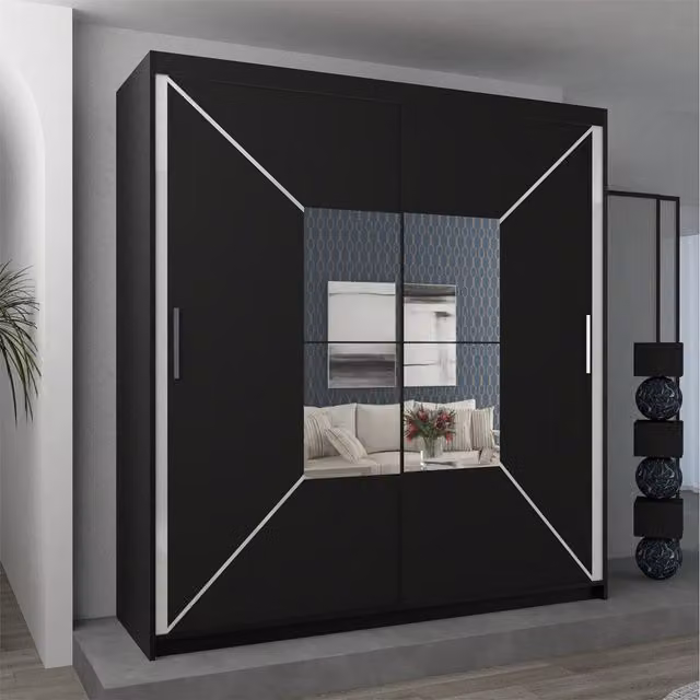 Sliding Wardrobes 4u Modern Black Matt Sliding Door Wardrobe with Mirror, Internal Shelves and Hanging Rod, W: 180 cm