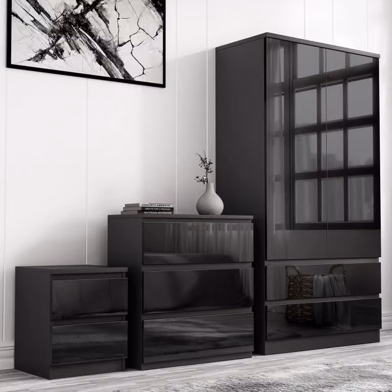DHS Modern High Gloss 3 Piece Bedroom Set in Black