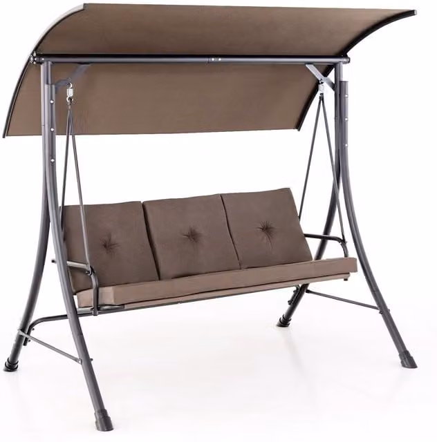 COSTWAY Brown Patio Canopy Swing Chair with Steel Frame and Sun Canopy