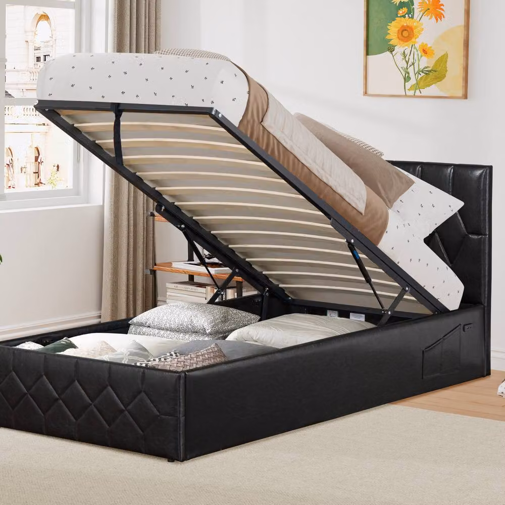 Modernique Black Faux Leather Ottoman Storage Bed with USB Charging Port, H 157.5 x W 180 cm, D 210 cm – 5