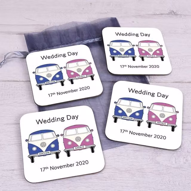 Uniqueful Personalised Happy Couple Camper Van Ceramic Coaster Set of 4, Multicolour