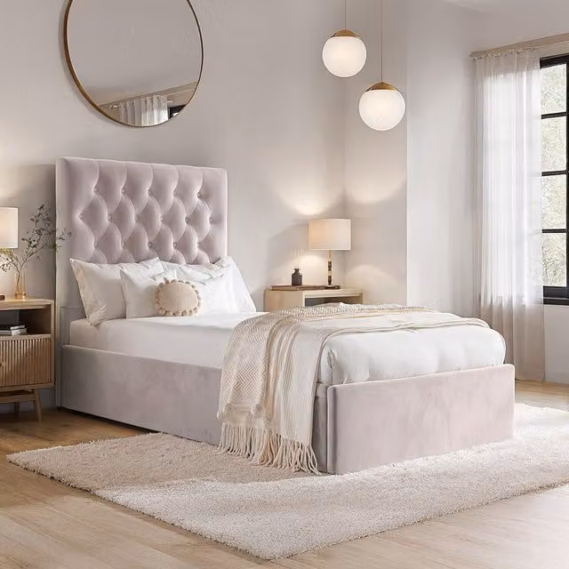 Flair Upholstered Velvet Single Bed with Lift-Up Base, Pink, W/D/H: 90 x 200 cm