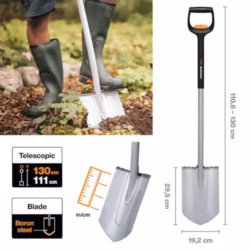 Fiskars Xact Telescopic Pointy Shovel for Hard, Rocky Soil in Black and Orange, Length: 111 - 130 cm – 3