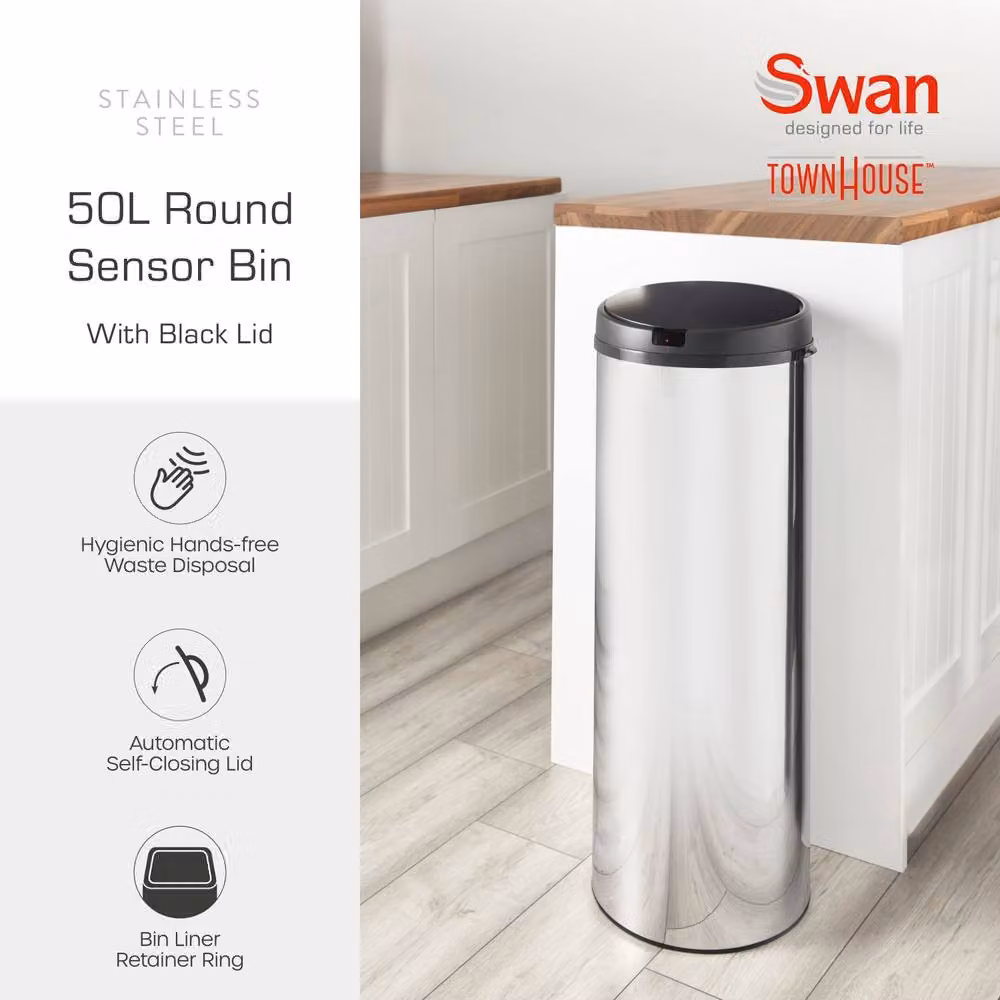 Swan 50L Round Sensor Bin in Black Stainless Steel – 2