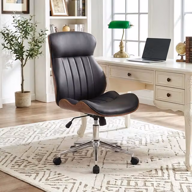 Livingandhome Modern Adjustable Height Swivel Task Chair in Brown and Black Synthetic Leather with Castors