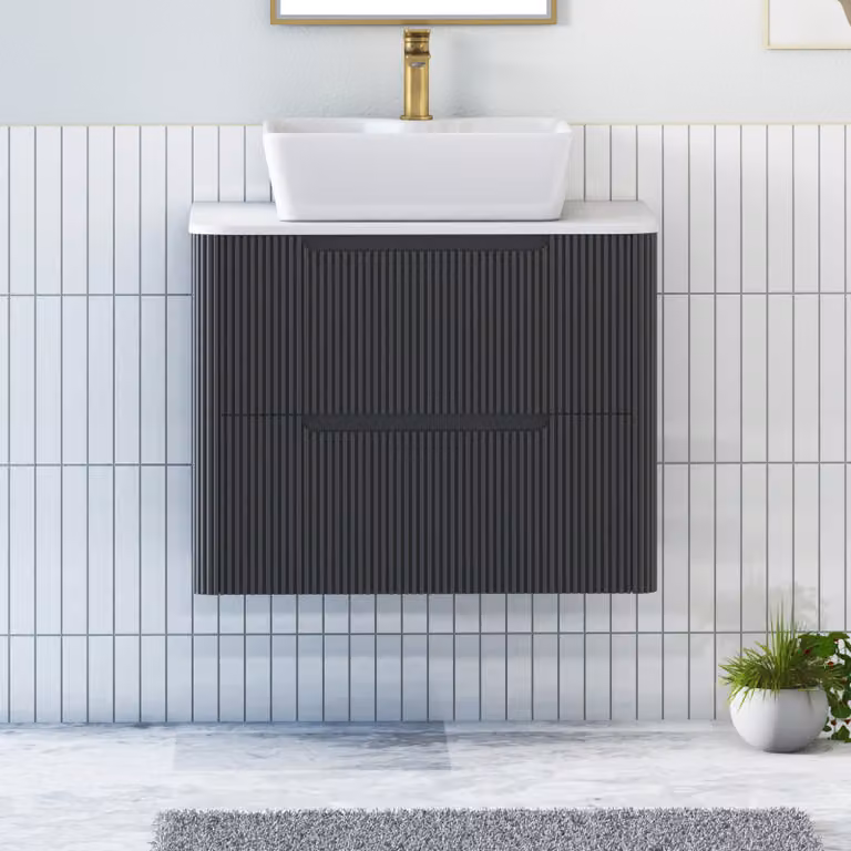 Royal Bathrooms Avenza Wall Hung Vanity Unit with Cube Basin, Matt Obsidian Black and Plain White Worktop, Width: 80 cm