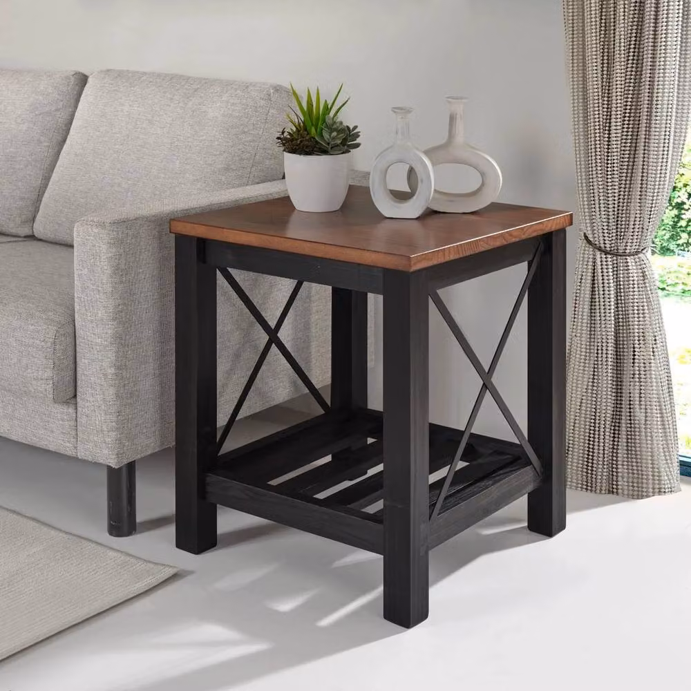 FORGEVIO Black Painted Pine Wooden Side Table with Storage Shelf, W: 60.0 cm, D: 50.0 cm – 5