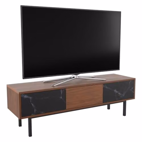 AVF Walnut and Marble Effect TV Stand with Steel Base Frame in Dark Wood and Black