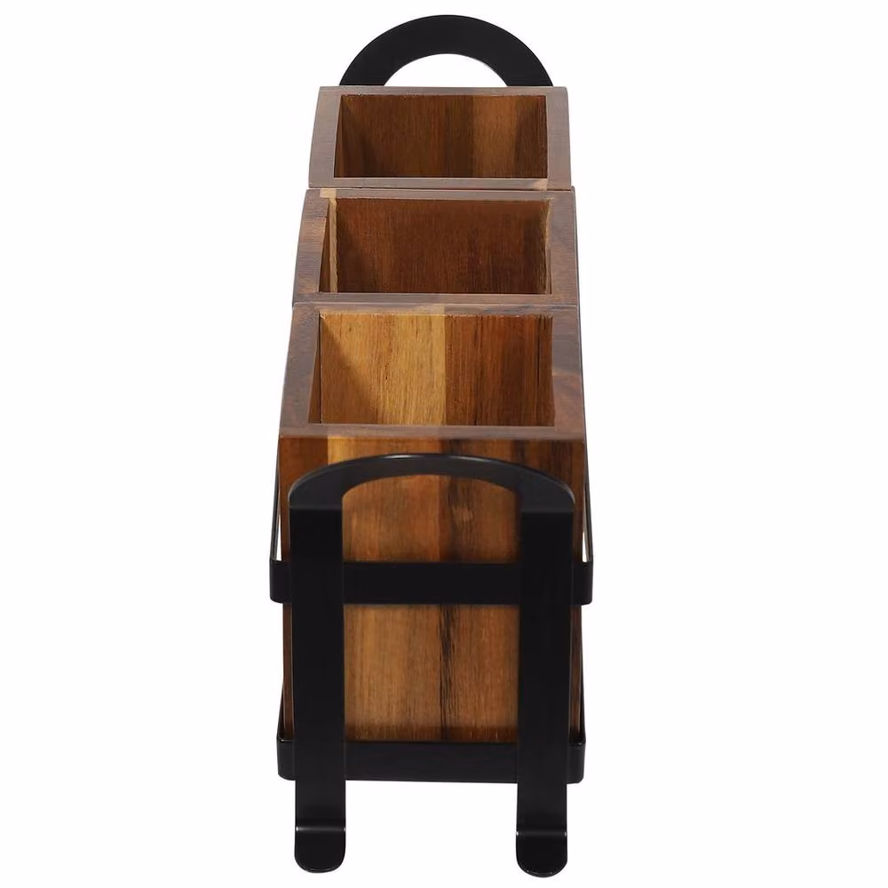 VOGREX Rustic Wooden and Metal Kitchen Utensil Cutlery Organizer Holder with Compartments in Brown and Black – 3