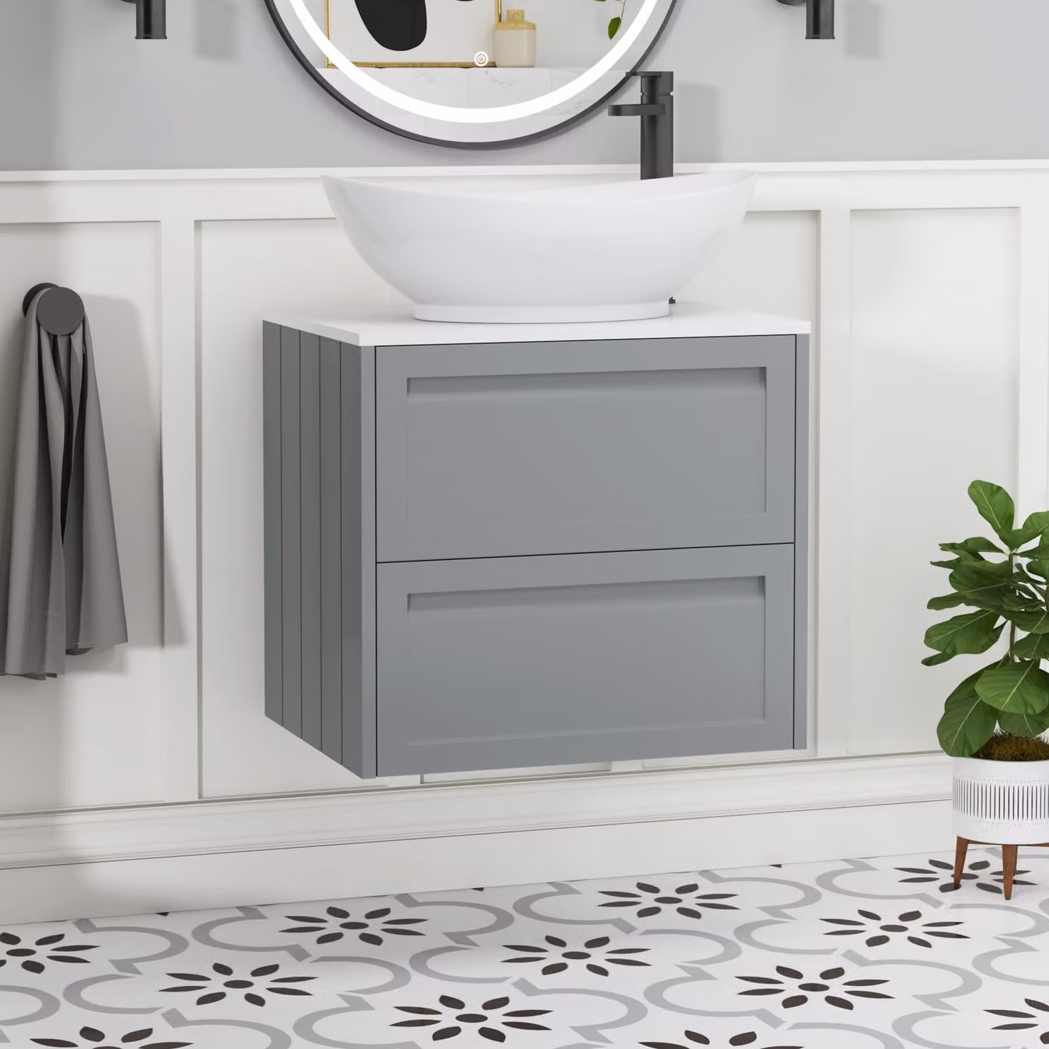 Royal Bathrooms Elmore 600mm Wall Hung Vanity Unit in Matt Pebble Grey with 2 Drawers, Plain White Worktop and Amaze Basin