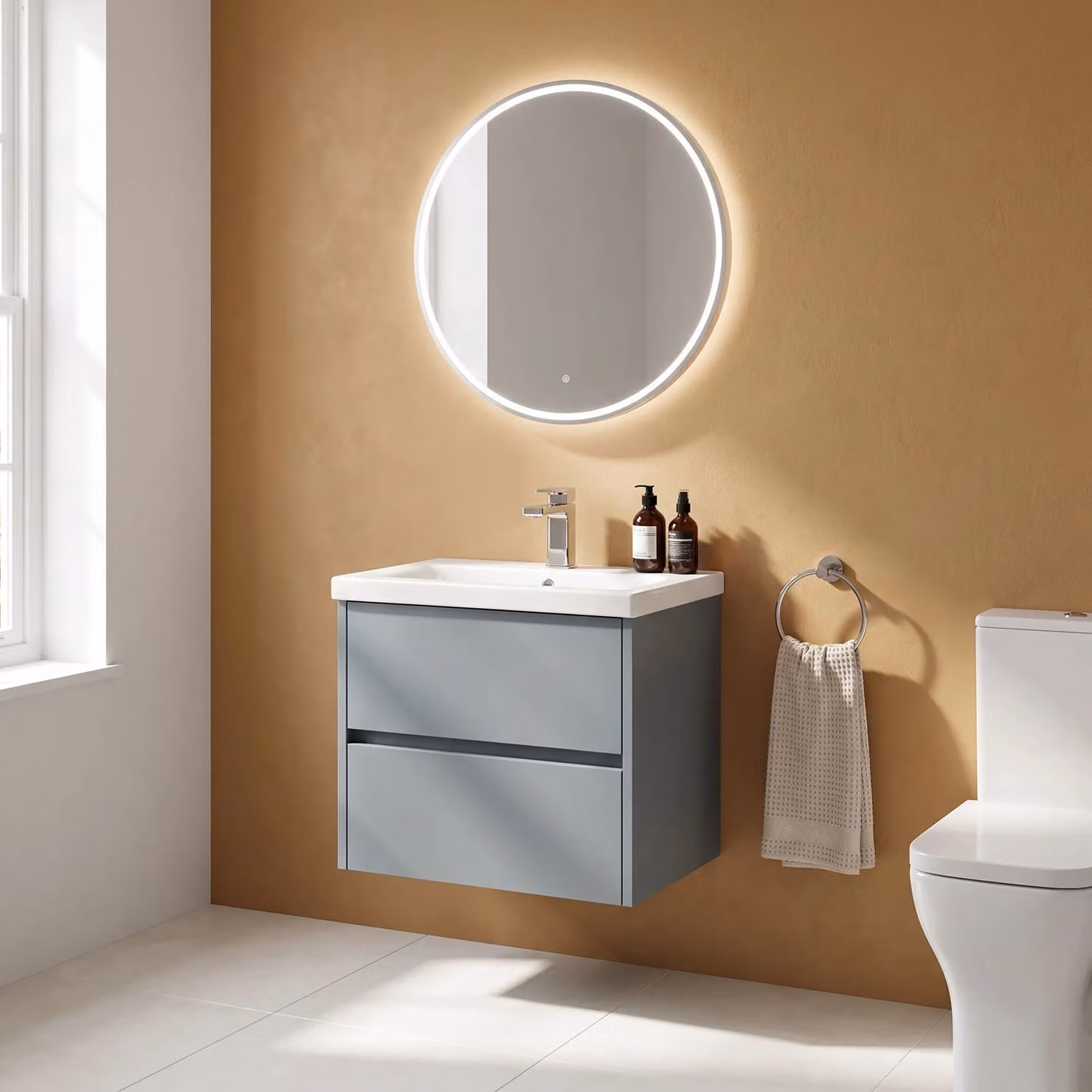 Balterley Wall Hung 2 Drawer Bathroom Vanity Unit with Ceramic Basin, Matt Grey, W: 60.0 cm, D: 39.0 cm, H: 57.9 cm – 2