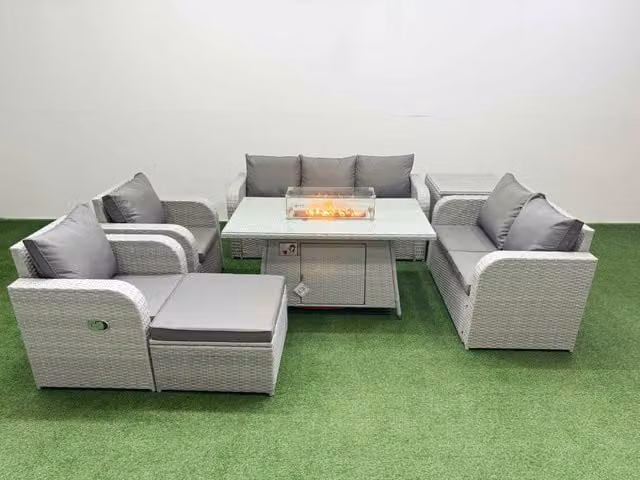 Fimous Grey PE Rattan Garden Furniture Set with Reclining Chairs, Double Love Seat, Firepit Dining Table, Big Footstool and Side Table