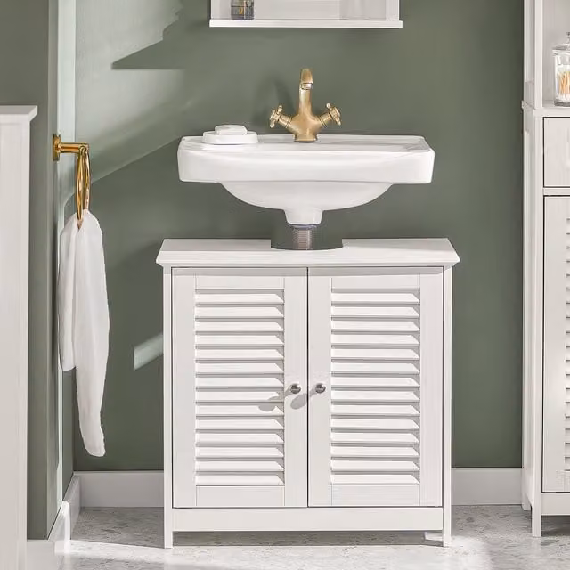 SoBuy Modern White Freestanding Bathroom Under Sink Cupboard with Roll Shutter and Internal Shelves, Width: 58 cm