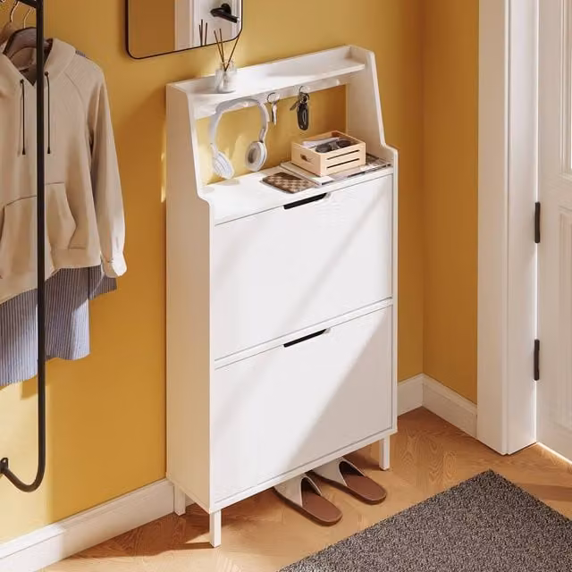 SoBuy Modern White Matt Flip-Door Shoe Cabinet with Tilting Compartments and Open Shelf – 1