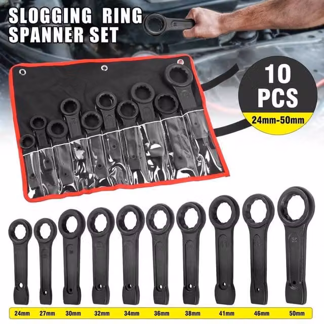 SPETLEK 10-Piece Heavy Duty Slogging Striking Ring Spanner Set in Black, W/D/H: 100 x 40 x 40 cm