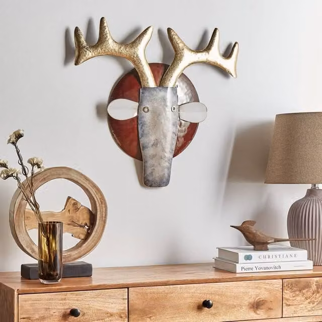 Wyld and Coco Round Metal Animal Wall Art in Multicolour, Gold and Red Rustic Geometric Decor