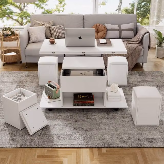 ModernLuxe White Lift Top Coffee Table with 4 Storage Stools and Hidden Storage – 1
