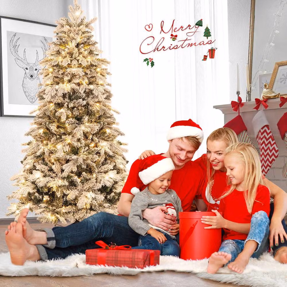 Gymax 6 FT Pre-Lit Flocked Christmas Tree in Green with 1415 Branch Tips and 260 Lights – 4