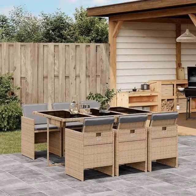 Berkfield Home 7 Piece Poly Rattan Garden Dining Set with Cushions and Glass Top in Beige – 1