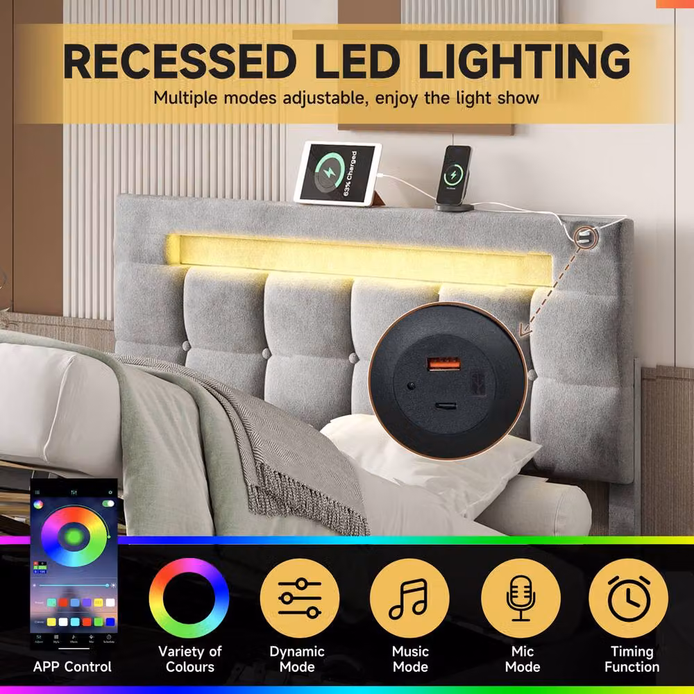 Merax Grey Velvet Upholstered Double Ottoman Bed with LED Lighting and USB Charging Station, W: 140 cm, D: 200 cm – 5