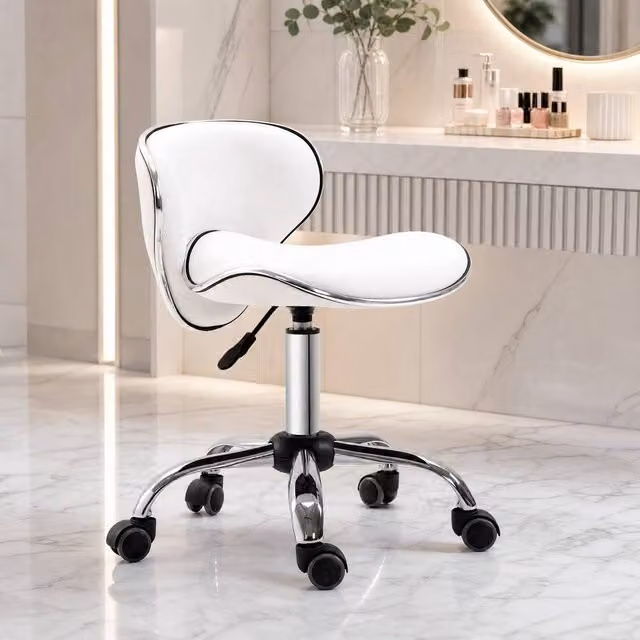 STILVORA Adjustable Height Salon Stool with Wheels, White – 1