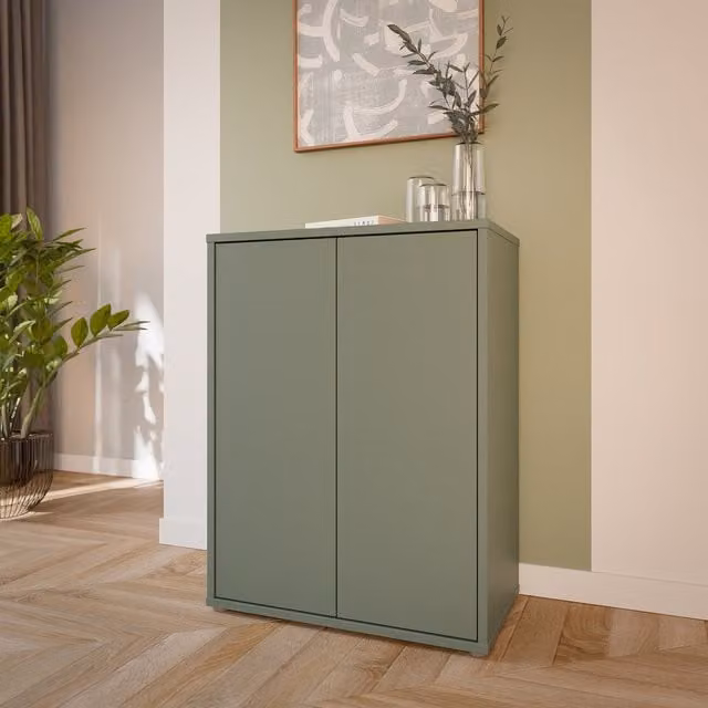 Furniture To Go Alice Springs Tall 2 Door Cabinet with Push-Open Doors in Light Grey and Sage Green