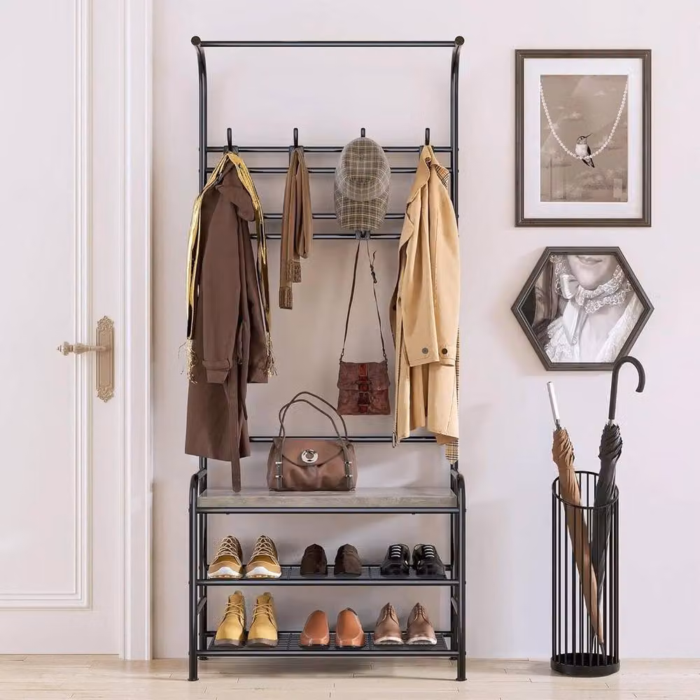 VOGREX Narrow Hall Tree Storage Bench and 4-in-1 Coat Rack with 3-Tier Shoe Rack in Black – 3