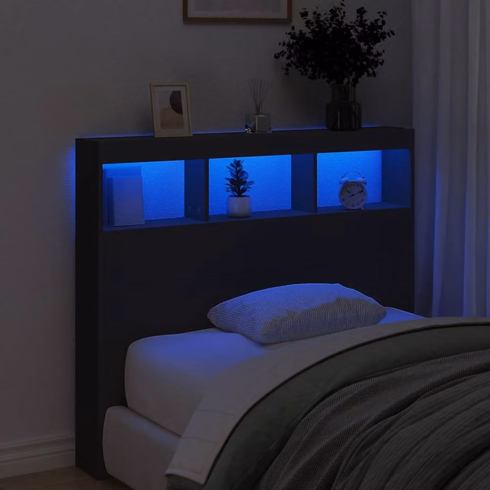 Berkfield Home Headboard Cabinet with Integrated LED Lighting and Shelf, Black, W/D/H: 120 x 17 x 102 cm – 3