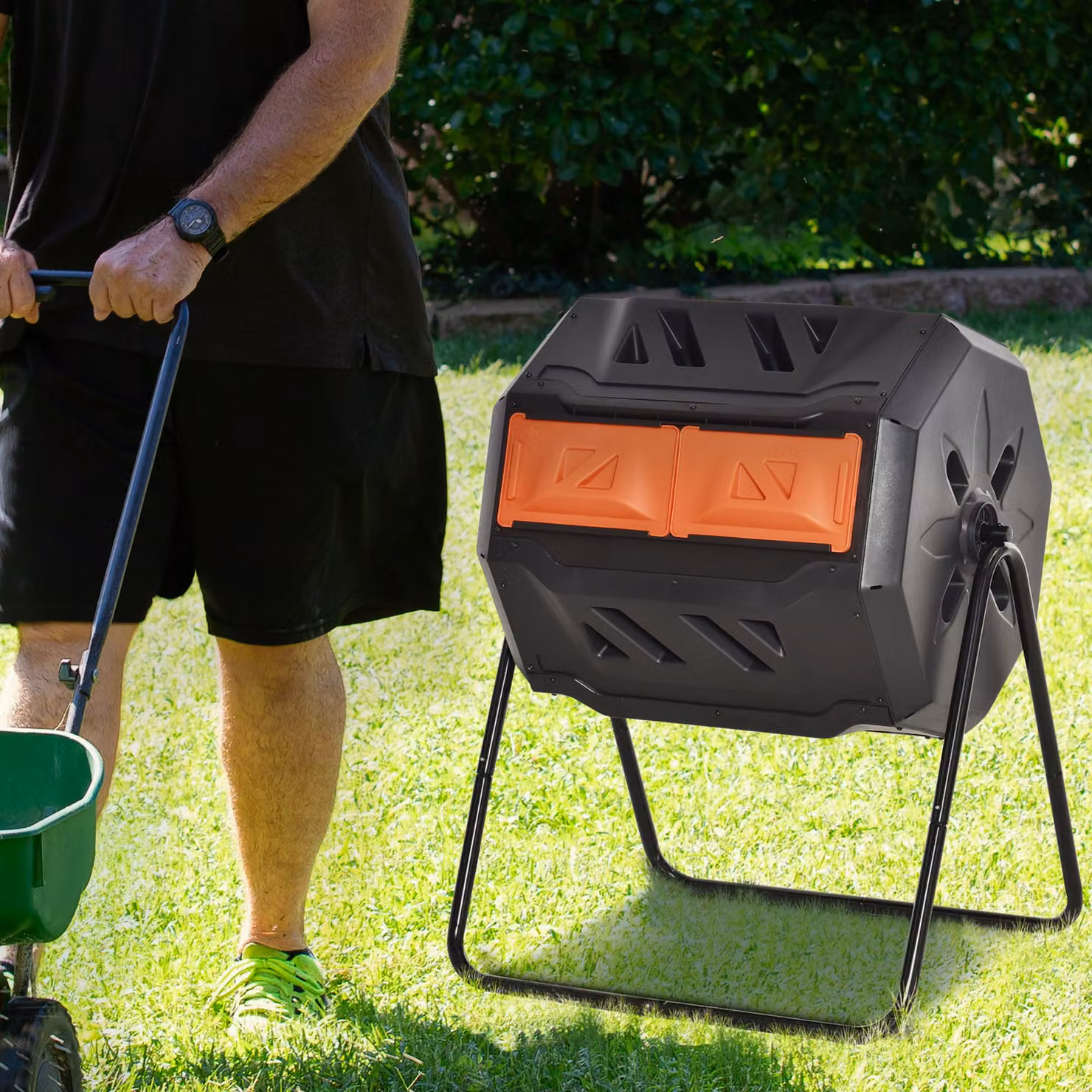 Outsunny 160L Dual Chamber 360 Degree Rotating Tumbling Compost Bin with Sliding Doors and Steel Frame, Orange – 7