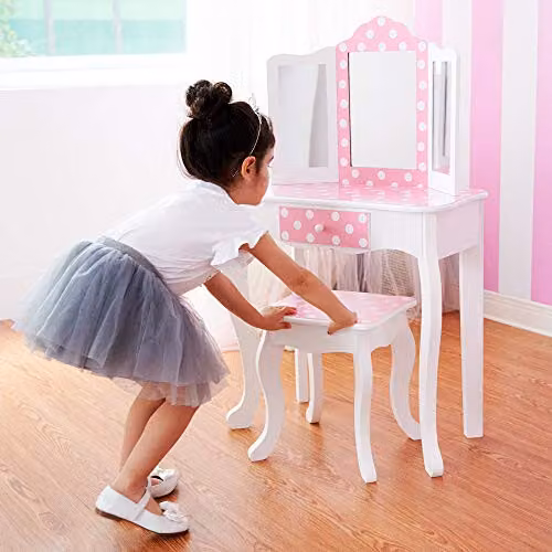 Teamson Kids Princess Gisele 2-Piece Wooden Play Vanity Set with LED-Illuminated Tri-Fold Mirror and Stool, White with Pink Polka Dot – 2