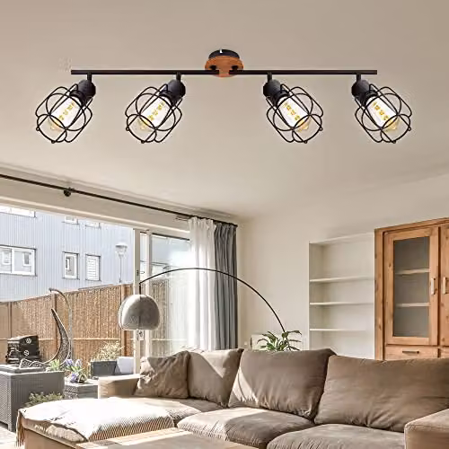 Globo Lighting Industrial Ceiling Bar Spotlight in Black and Wood, 4-Bulb E27, W: 80 cm – 2
