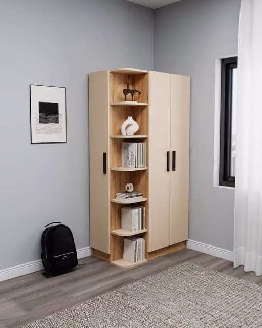 Destina Home Linda Compact Corner Wardrobe with Shelves and Hanging Rod, Beige, H: 181.8 cm x W: 90.0 cm x D: 50.0 cm – 1