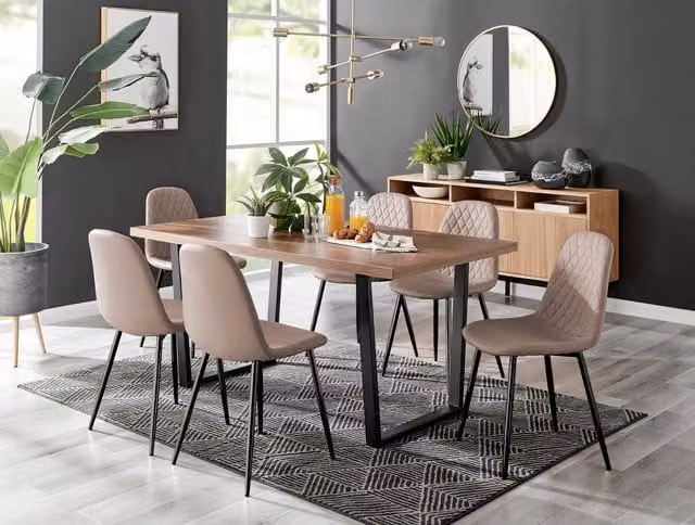 FurnitureboxUK Kylo Brown Wood Effect Dining Table and 6 Corona Beige Faux Leather Chairs with Black Legs – 1