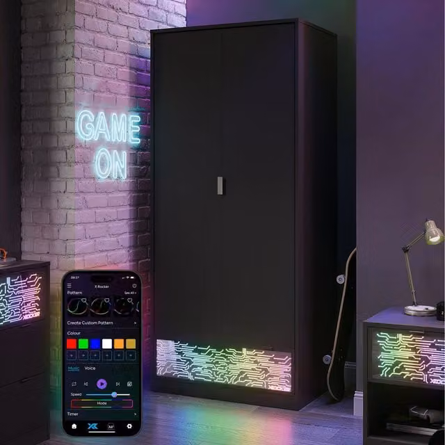 X Rocker NeoNite Wardrobe Circuit Edition in Black with App Control Integrated LED Lighting and Drawers
