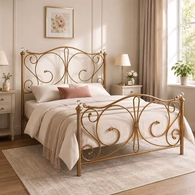 SquareBoxx Sofia Double Metal Scrollwork Crystal Finials Bed Frame in Gold – 1