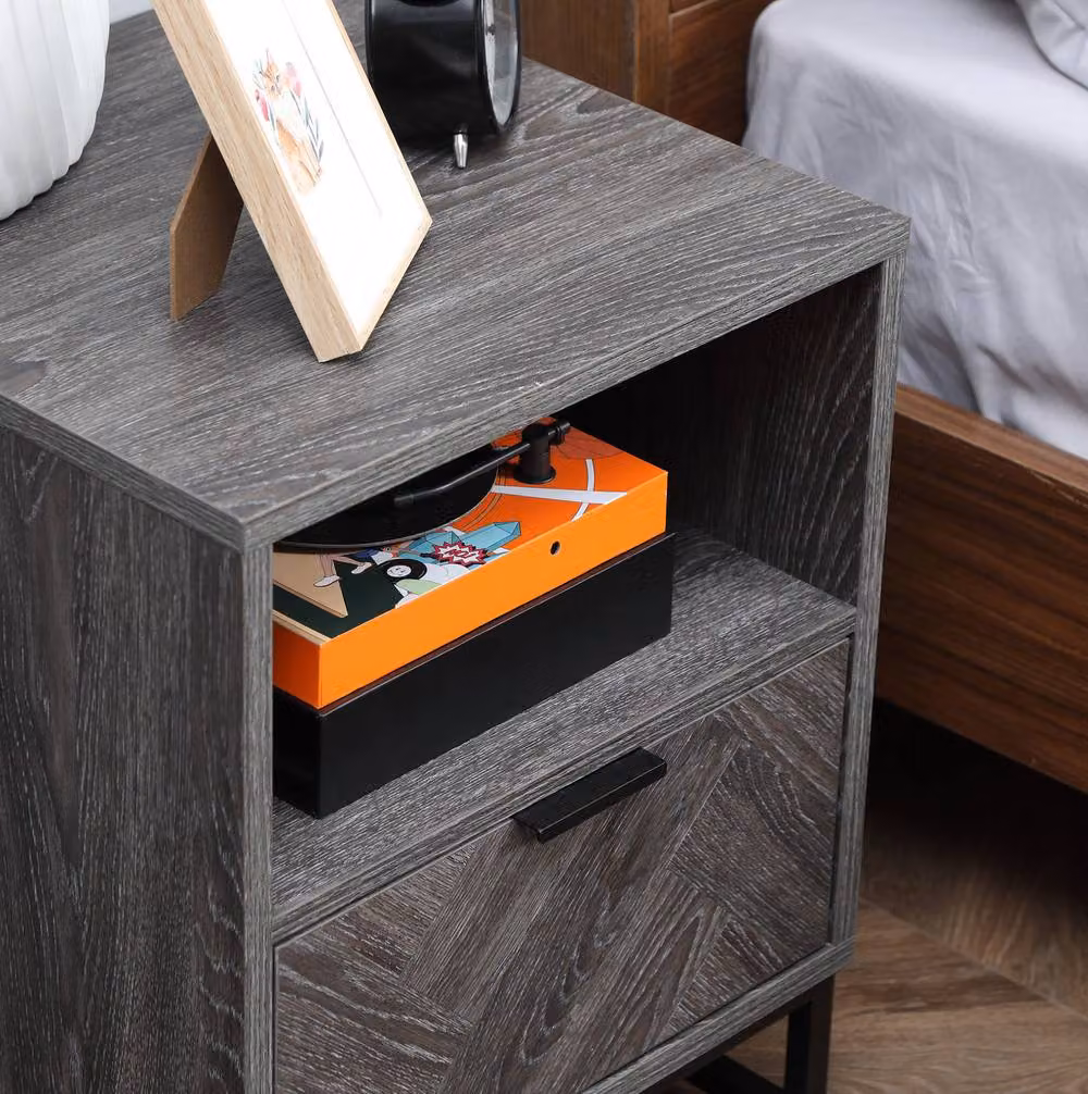 STILVORA Bedside Cabinet with Drawer and Shelf in Grey and Black – 7