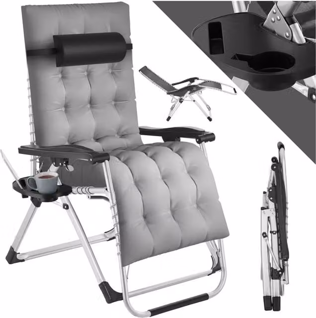 Tectake Cloud Sun Lounger with Adjustable Headrest, Side Tray and Cup Holders, Grey