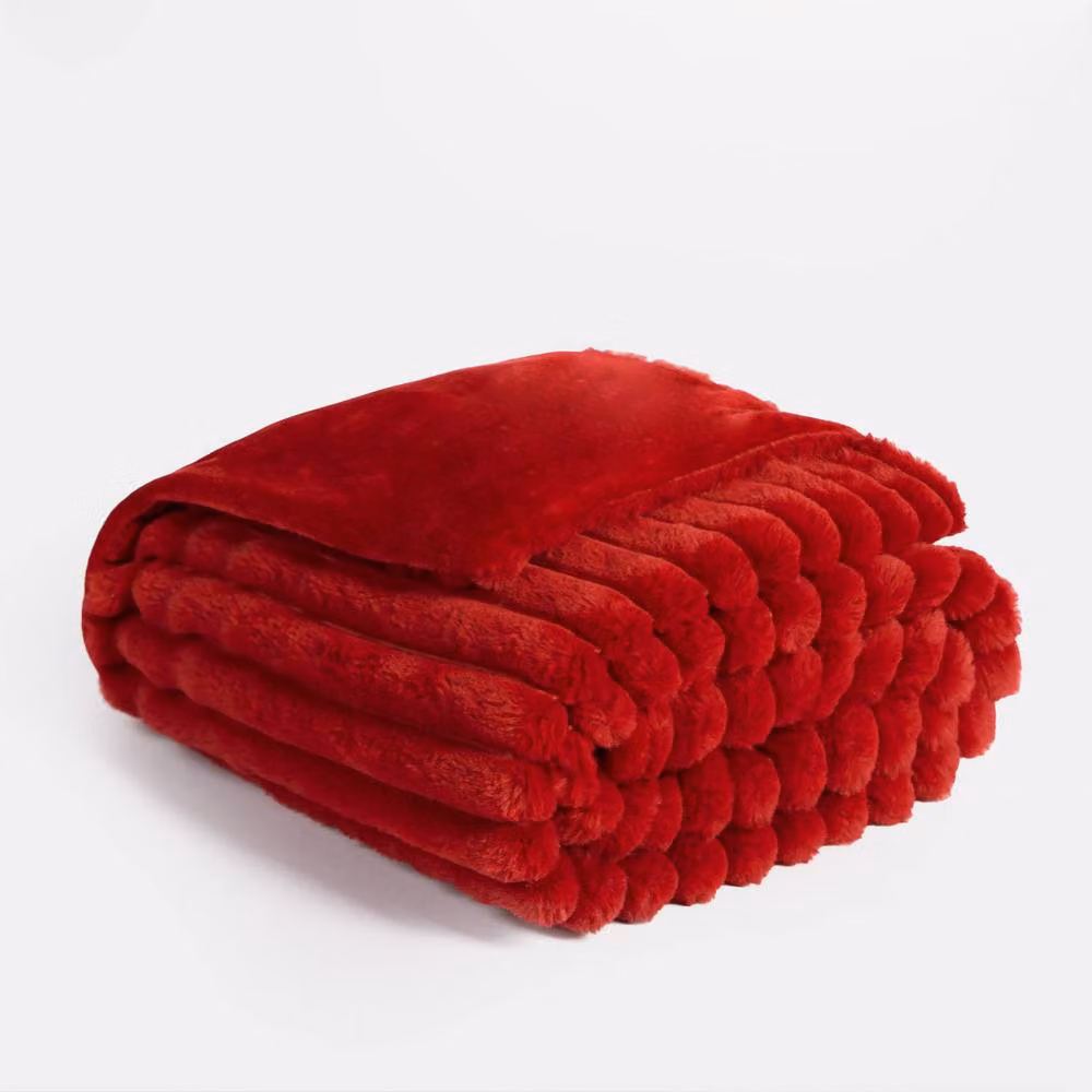 OHS Red Faux Fur Ribbed Fleece Throw Blanket, W: 200 cm, D: 240 cm – 3