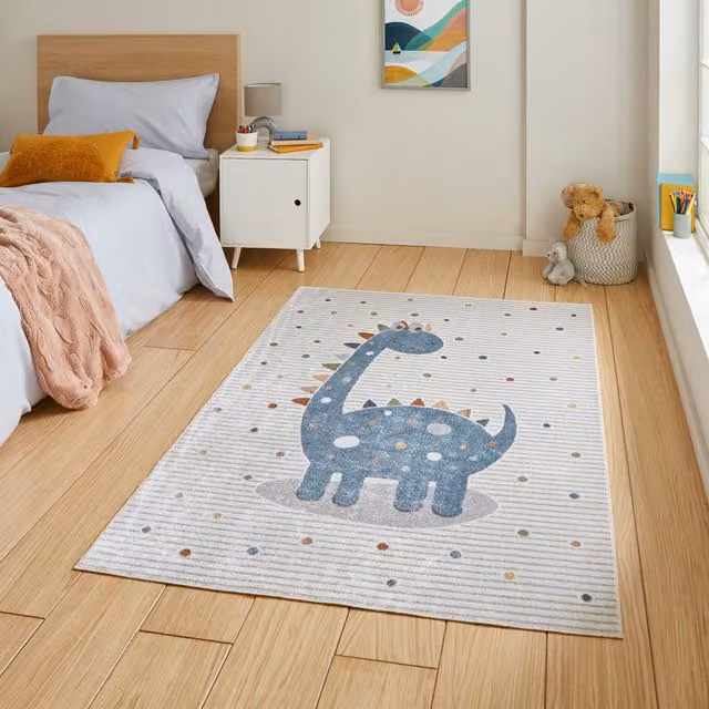 Terrys Kids Dinosaur Machine Woven Polypropylene Rectangular Washable Rug in Multicolour