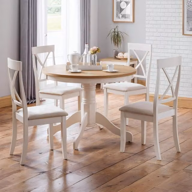 Julian Bowen Classic Round Oak and Rubberwood Dining Table and Chairs Set in White and Grey