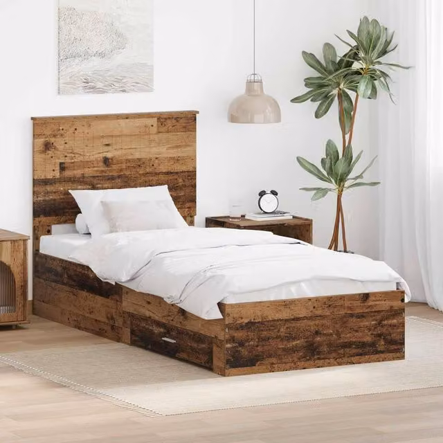 Berkfield Home Bed Frame with Headboard in Old Wood Brown, W/D/H: 90 x 190 cm